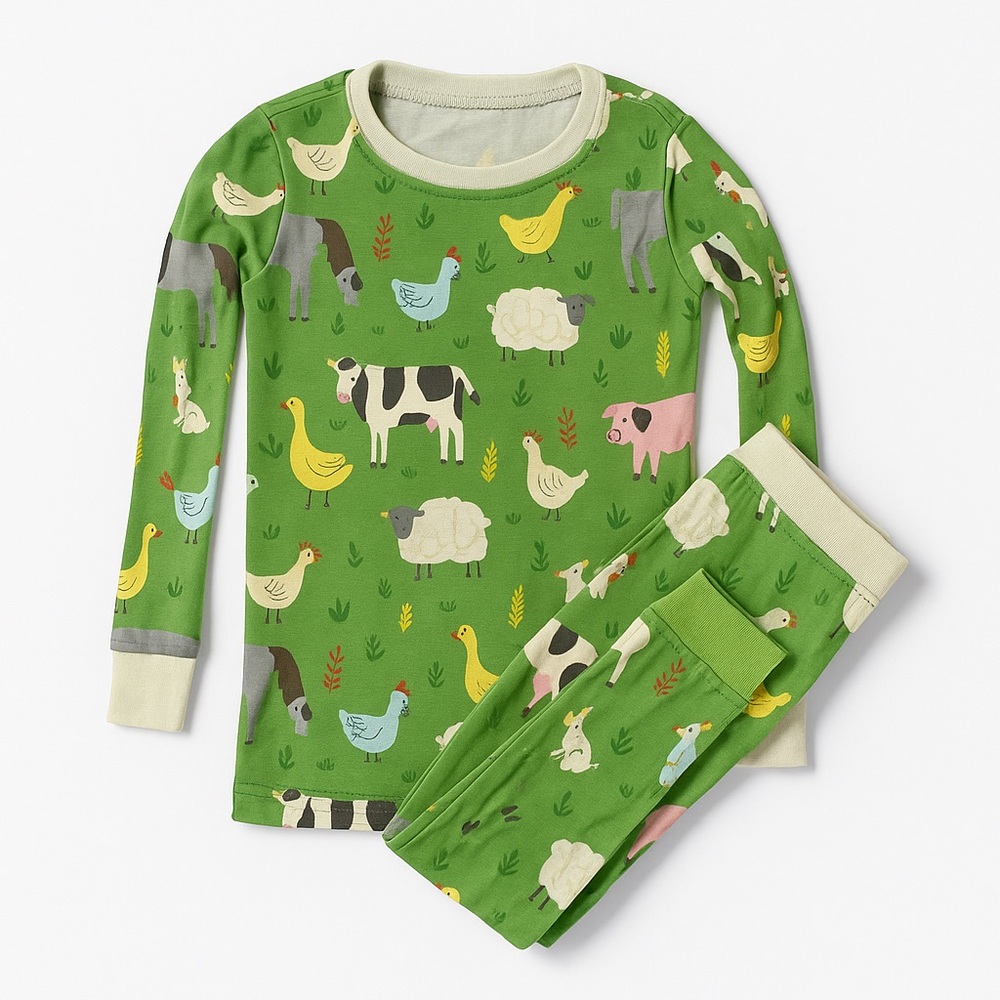 🐮 Little Sleepies “Green Farm Animals” Long Sleeve Pajama Set (2T)